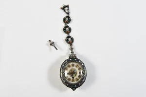 N92N08- Halsuhr Werk 18.Jh Geh.Renaissancestil 19.Jh. Silber Email Bergkristall - Bild 1 von 12