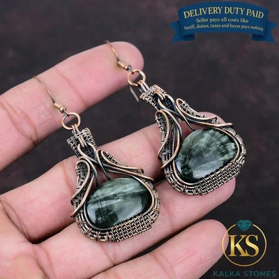 Pendientes colgantes de gancho para hermana con gancho envuelto en alambre de piedra de serafinita de cobre joyería Foto 1 de 4