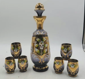 Salviati Murano Style Amethyst Glass Decanter With 6 Glasses Gold Leaf - Picture 1 of 17