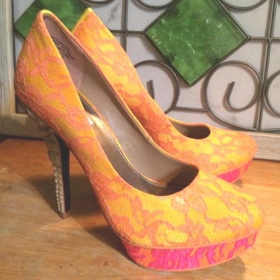 BOMBAS PLATAFORMA TACÓN ALTO ENCAJE FLORAL NARANJA Y ROSA RACHEL ROY "KEEDAN9" 6,5M Foto 1 de 4