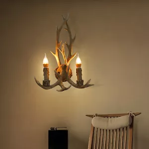 Resin Antler Wall Light Fixture Vintage Retro Deer Horn Sconce Lamp Home Decor - Picture 1 of 19