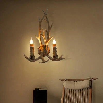 2 -Light Antler Vintage Wall Sconce Indoor Wall Light Retro Deer Horn Lamp Metal - Image 1 of 4