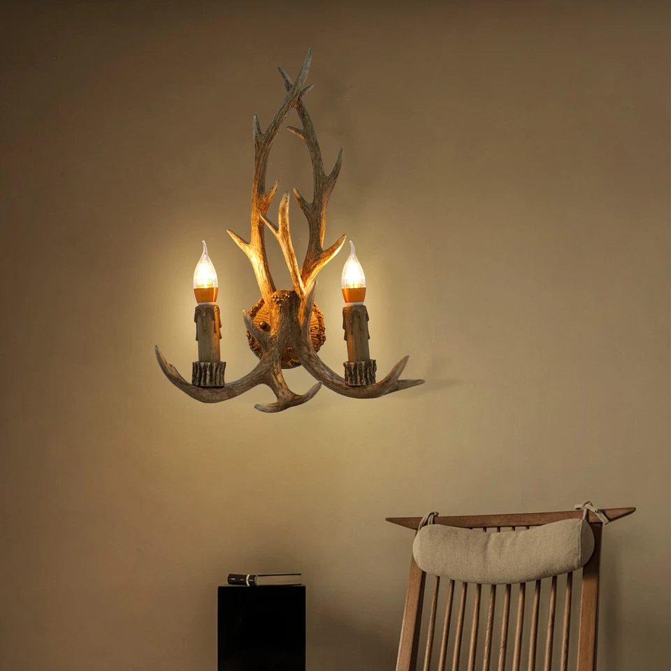 Aplique de pared vintage con astas de 2 luces luz de pared interior retro cuerno de ciervo lámpara de metal Foto 1 de 4