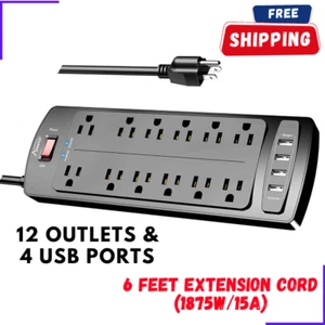 Power Strip, ALESTOR Surge Protector with 12 Outlets and 4 USB Ports (1875W/15A) - Picture 1 of 7