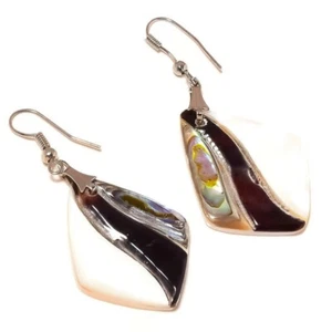 Abalone Shell And White Shell Silver Overlay Handmade Drop Dangle MOP Earrings - Picture 1 of 3