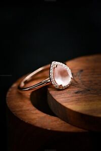 14k Rose Gold Natural Rose Quartz Diamond Engagement Band Ring For Women