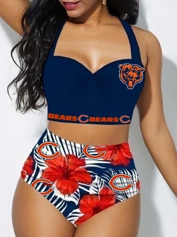 Chicago Bears 2 Pieces Halter Swimsuit High Waist Bikini Set Beach Bathing Wear Cover