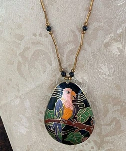Vintage 1970's Cloisonné Enamel PUFFY Parrot Pendant Necklace 26” Length - Picture 1 of 10