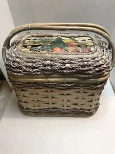Wicker Rope Picnic Basket Lined Interior, Enamel Fruit Design 14 x 9 x 12 - Picture 1 of 12