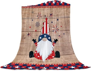 Independence Day Flannel Fleece Blanket Patriotic Firework Gnome Super Soft Warm - Picture 1 of 7