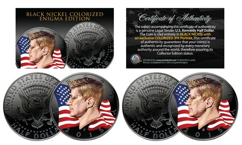 BLACK NICKEL ENIGMA 2015 JFK Half Dollar 2-Coin Set Colorized Portrait P&D Mints Cover