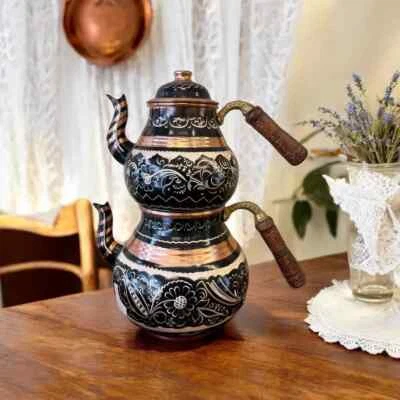 Tetera de cobre macizo grabada, tetera de cobre turco Foto 1 de 4