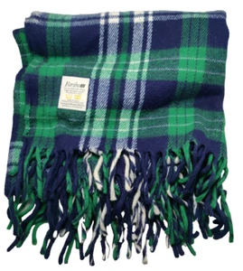 Faribo Blanket 100% Acrylic Green Navy WHITE PLAID FRINGED 55 x 53 USA made - Picture 1 of 4