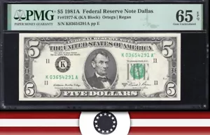 1981-A $5 FEDERAL RESERVE NOTE FRN WET INK TRANSFER ERROR PMG 65 EPQ 54291. - Picture 1 of 3