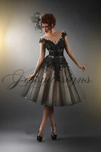 Gothik Gerafftes Schwarz Kurz Spitze Abendkleid Brautkleid Knöpfe Gr.32-46 - Bild 1 von 9