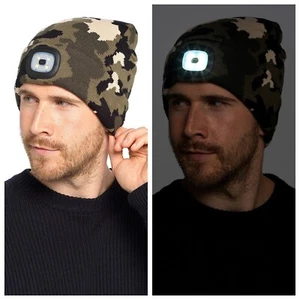 Camo knitted beanie mens LED headlight lamp wolley winter ski hat - Picture 1 of 2
