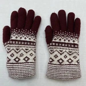Fair Isle Snowflake Gloves Women One Size Burgundy Red Sherpa Lined Thick - Picture 1 of 6