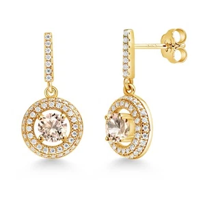 18K Yellow Gold Plated Silver Dangle Earrings Morganite Moissanite (1.31 Cttw) - Picture 1 of 4