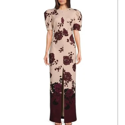 Badgley Mischka Nina Floral Print Knit Crew Neck Front Slit Sheath Maxi Dress - Image 1 of 4