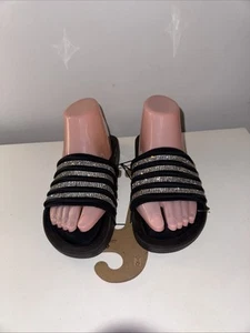 Black Flat Diamanté Slip On Sliders Summer Sandals UK Size 4 EU 37 - Picture 1 of 17