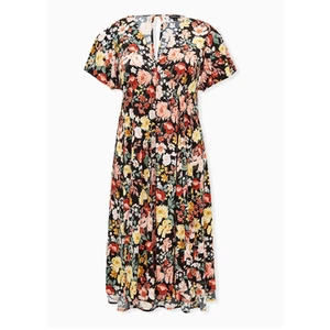 Torrid 5X Black Floral Challis Button Front Midi Dress V Neck - Picture 1 of 9