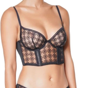 Huit 32B Black Cafe Fleur Stretch Lace Ladies Bustire Longline Bra Mesh Sheer - Picture 1 of 13