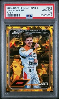 Lando Norris 2024 Topps Chrome Sapphire F1 Gold Refractor 16/50 #168 PSA 10 POP3 - Image 1 of 3