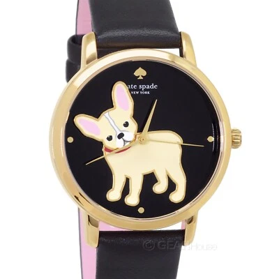 Kate Spade New York Womens Metro Puppy French Bulldog Watch, Black Leather Band - Image 1 of 4