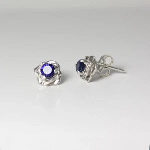 Blue Sapphire Stud Earrings Sterling Silver 925 / Flower-Shaped / Lab-Created - Picture 1 of 2