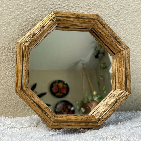Vintage 70s 80s Oak Chunky Handcrafted Oak Wood Small Octagonal Wall Mirror Cover