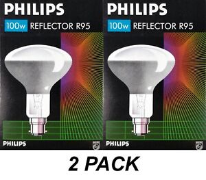 2 x Philips 100W Incandescent R95 Reflector Light Globes Bulbs Bayonet B22 