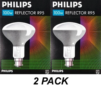 2 x Philips 100W Incandescent R95 Reflector Light Globes Bulbs Bayonet B22  - Image 1 of 4