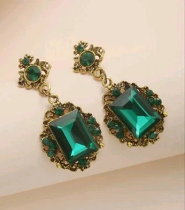 Bollywood Style Statement Green Jewelled Rhinestone Drop Earrings - Picture 1 of 1