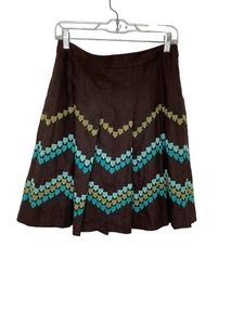 Loft Women's Brown Embroidered Linen Full Pleated A-Line Skirt Petite Sz 4 - Picture 1 of 5