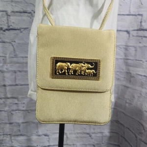 Vtg Gold/Yellow Satin Mini Crossbody Bag With Elephant Decor & Snap Closure - Picture 1 of 7