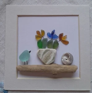  Sea glass Framed Picture.  Houseplant. Bird. Floral. Flowers. Houseshelves  - Picture 1 of 2