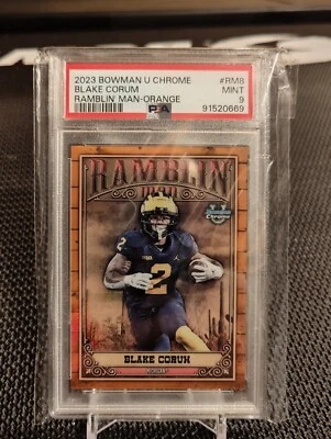 Blake Corum Ramblin Man Orange /25 2023 Bowman Chrome U University PSA Graded 9 - Image 1 of 2