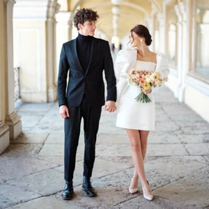 Elegant Short Wedding Dresses Square Neck Bubble Sleeves Satin Mini Bridal Gowns - Picture 1 of 9