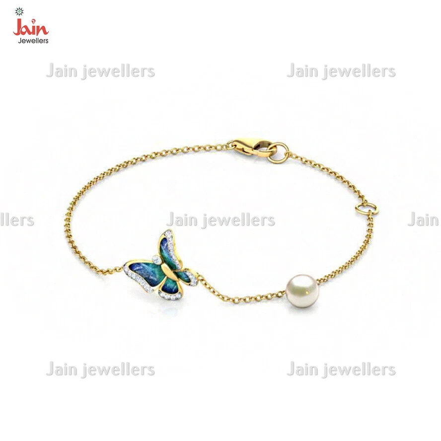 18 Kt, 22 Kt Real Solid Yellow Gold Chain Link Butterfly Pearl Bracelet Bangle - Image 1 of 3