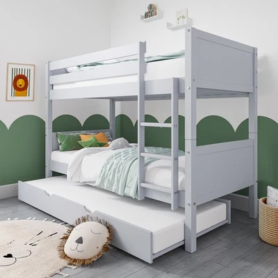 Single Bunk Bed Detachable Light Grey Wooden with Trundle Bed and Ladder - Image 1 of 4