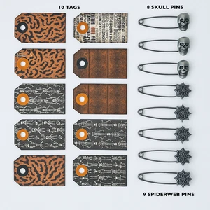 Halloween Scrapbook Tags - Pewter Ephemera Spiderwebs & Skulls Safety Pins - Picture 1 of 7