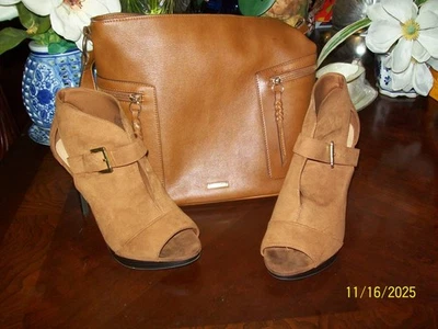 Rachel Zoe Handbag Brown Vegan Leather & 4" Brass Suede Stiletto Booties 9M - Image 1 of 4