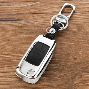 Black Zinc Alloy For Volkswagen 3 Buttons Leather Flip Smart Key Chain Cover Fob - Picture 1 of 4