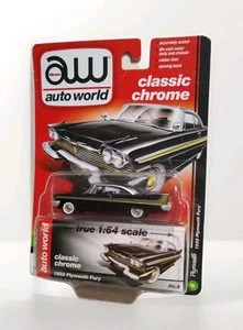 Scatola pneumatici Auto World Classic Chrome 1958 Plymouth Fury nero e oro 1:64 gomma - Foto 1 di 11