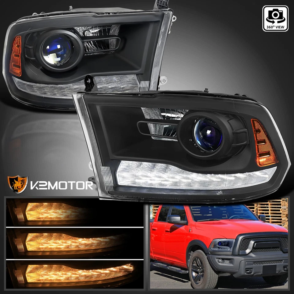 Fits 2009-2018 Dodge Ram 1500 Black Projector Headlights Sequential LED Signal - Image 1 of 4