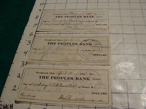 vintage check/s: 3 Woodstock Ohio THE PEOPLES BANK 1927 - Picture 1 of 1