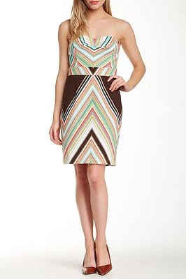NWT Trina Turk Cora Strapless Striped Brown Coral Cotton Fall Dress Size 8 $258 - Image 1 of 4