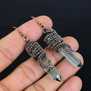 Pencil Shape Aquamarine Gemstone Copper Wire Wrapped Dangle Drop Copper Earrings - Picture 1 of 4