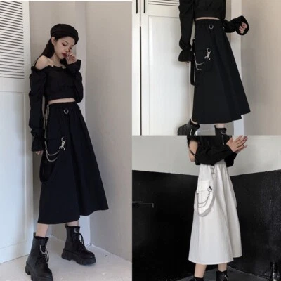 Damen Cargo Rock Midi Träger Kleid Strap Kette Gothic Punk Harajuku Chic - Bild 1 von 4