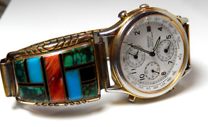 Seiko Quartz World Timr Alarm Gold Plated-Sterling Silver W/ Inlaid of Turquoise